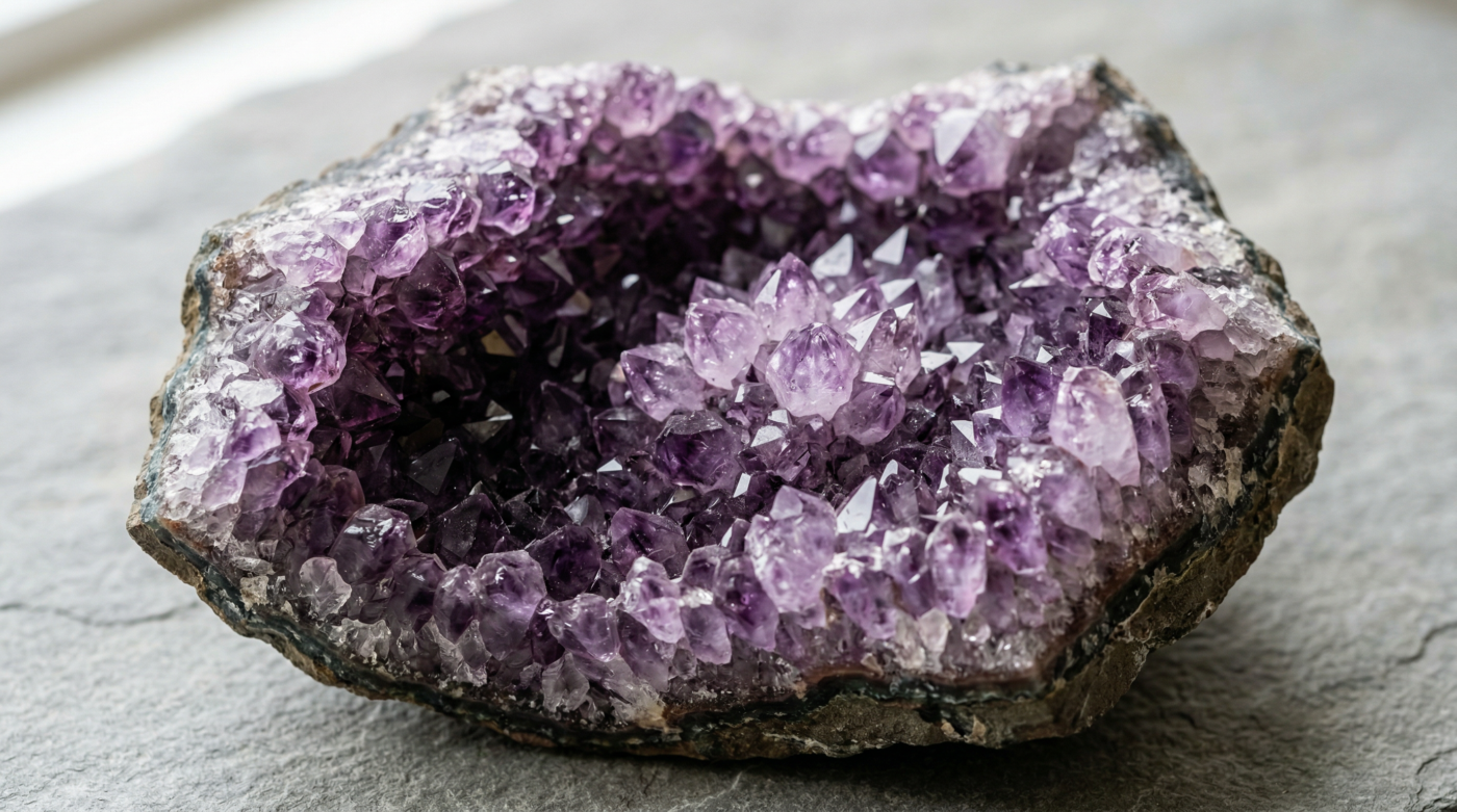 Ametystkrystaller med dyb violet farve i en geode