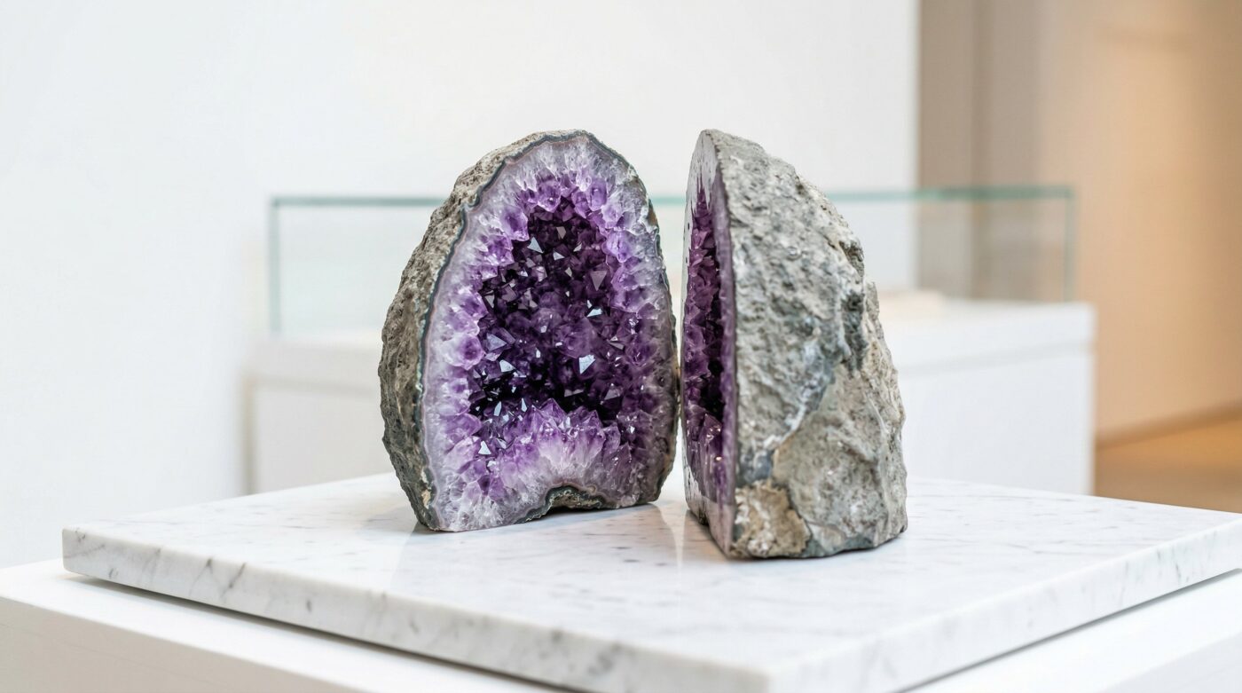 Åben geode med funklende ametystkrystaller indvendigt