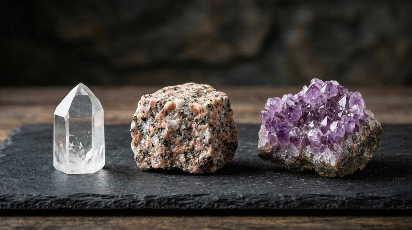 Illustration af forskellen mellem mineraler, bjergarter og krystaller