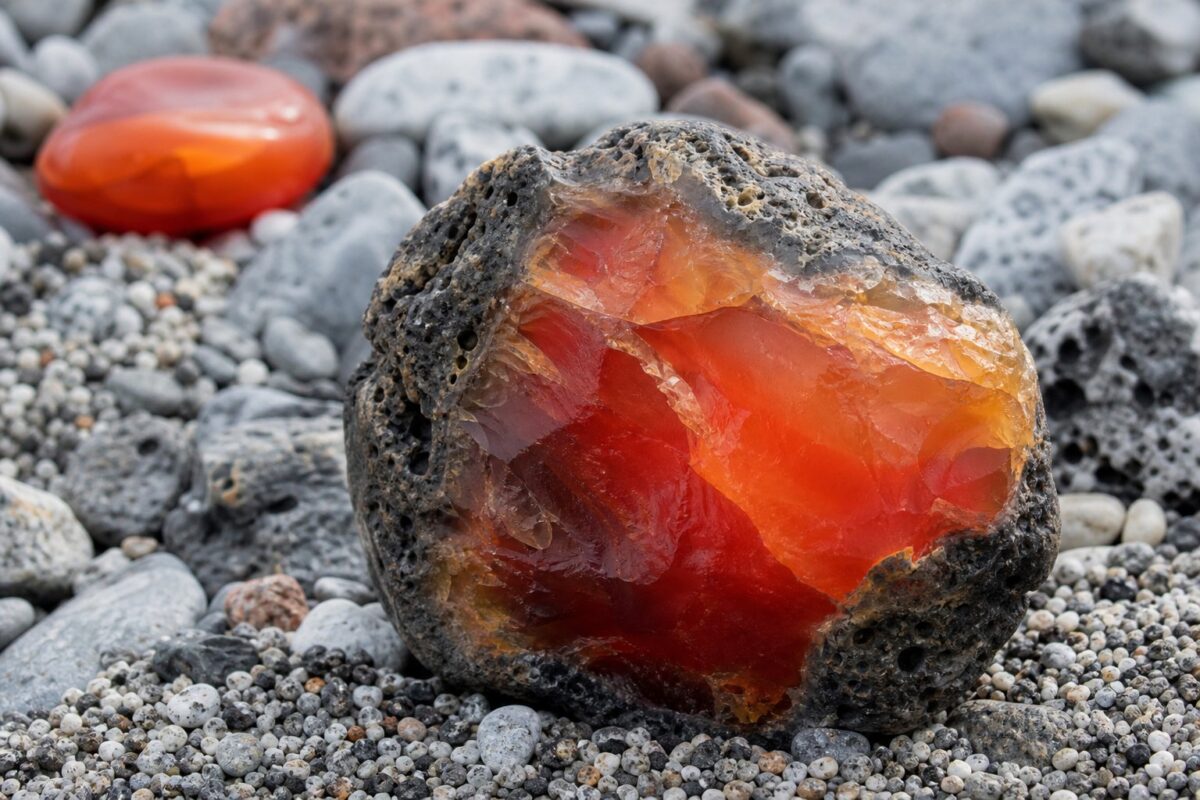 Rå karneol i orange og rød chalcedon indlejret i mørk basalt på en grusstrand