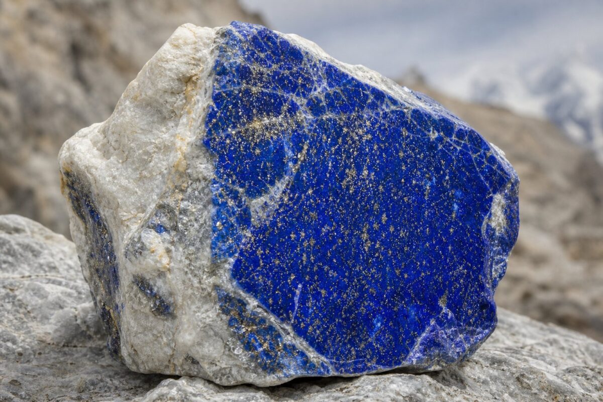 Rå lapis lazuli-sten med dyb ultramarinblå farve, gyldne pyritgnister og hvid calcit i marmormatrix