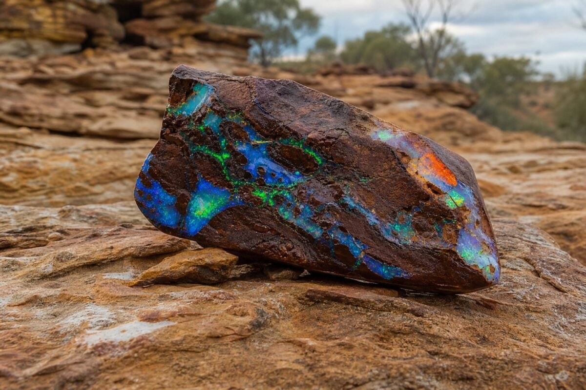 Rå boulder-opal med blåt og grønt farvespil i mørk jernsten, fotograferet på sandsten i naturligt lys