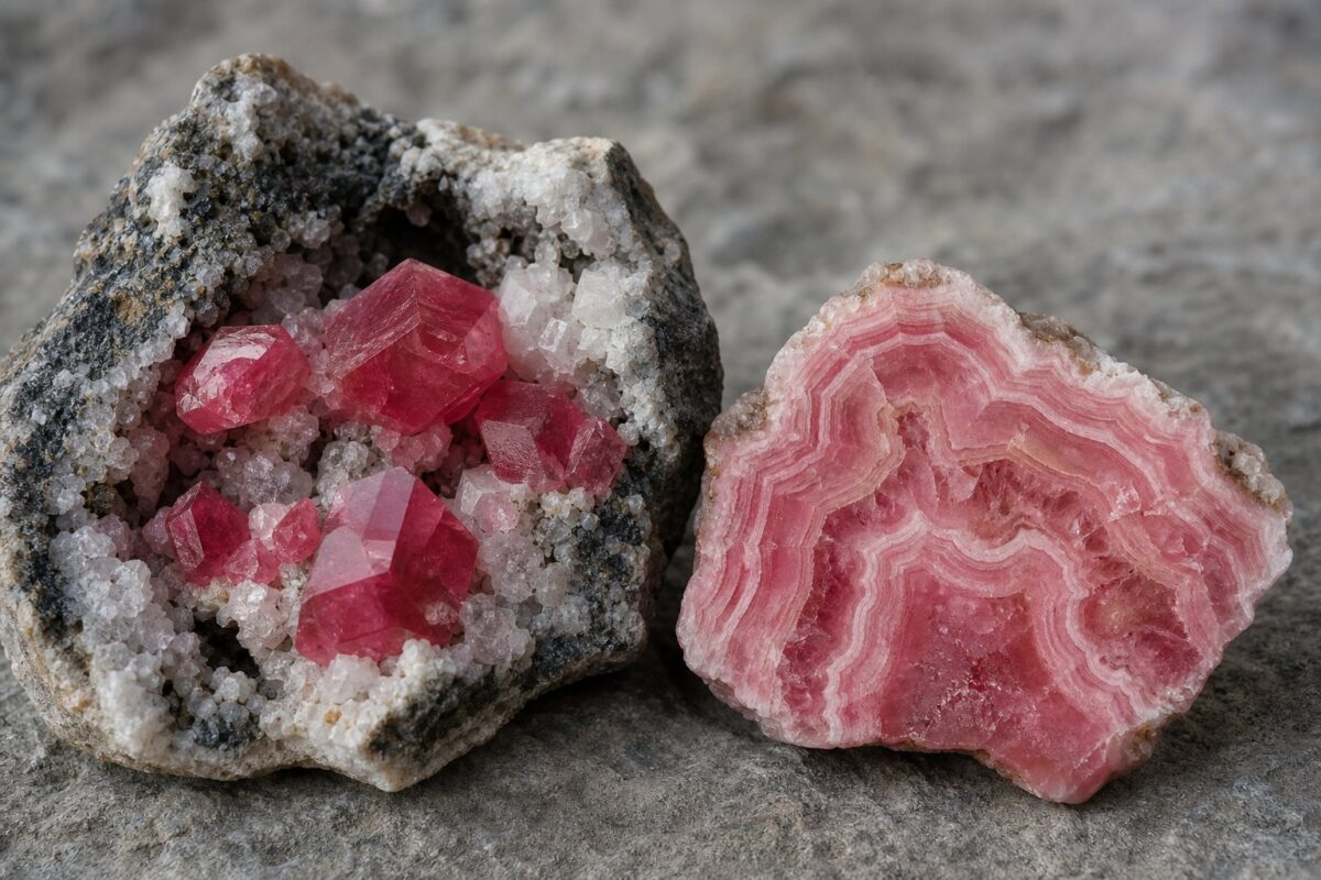 Rosa rhodochrositkrystaller på kvarts ved siden af et båndet tværsnit af stalaktitisk rhodochrosit