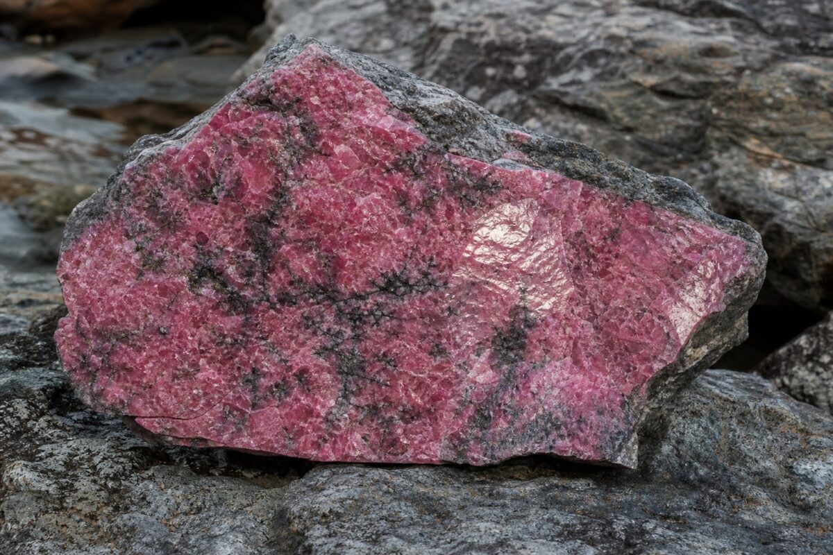 Rå rhodonit i rosenrød farve med sorte manganoxid-årer på grå metamorf klippe